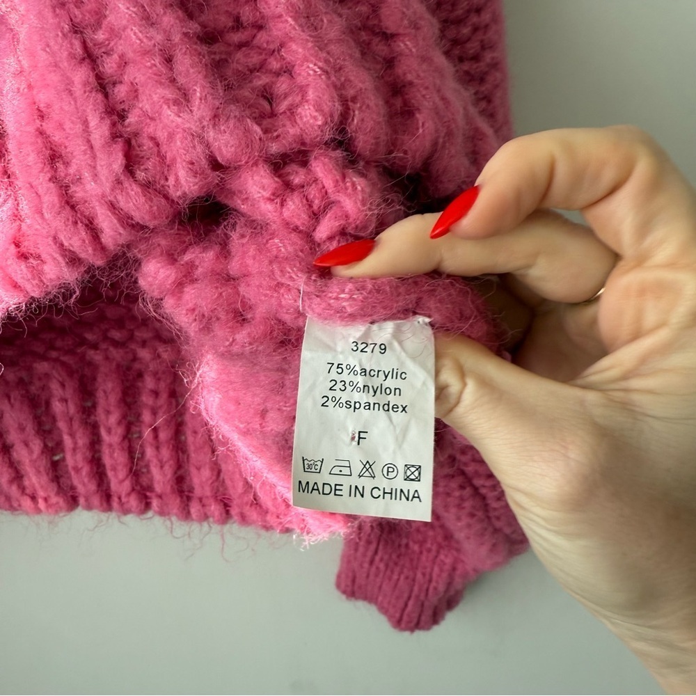 Bright Pink Oversized Chunky Knit Turtleneck Sweater M - Picture 3 of 3